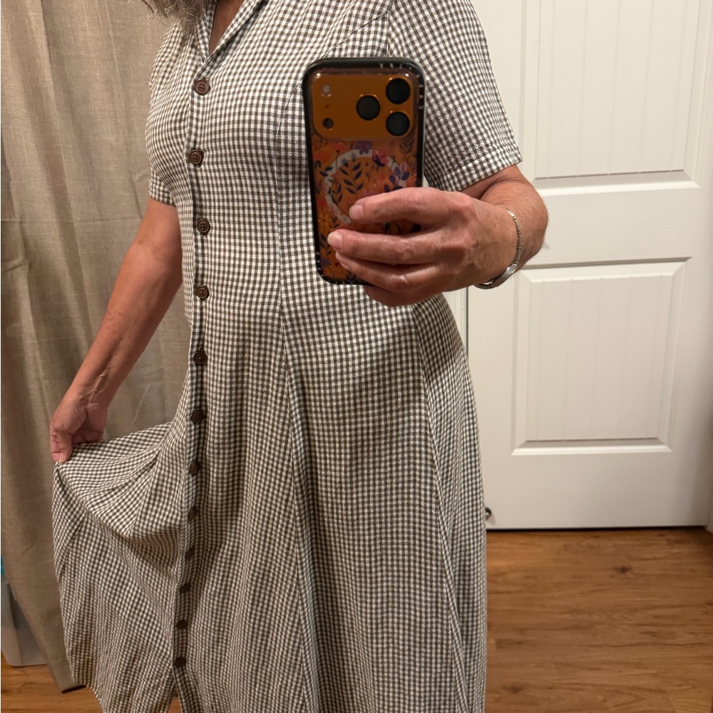 Eddie Bauer Linen Beige and White Gingham Button-Front Midi Dress
